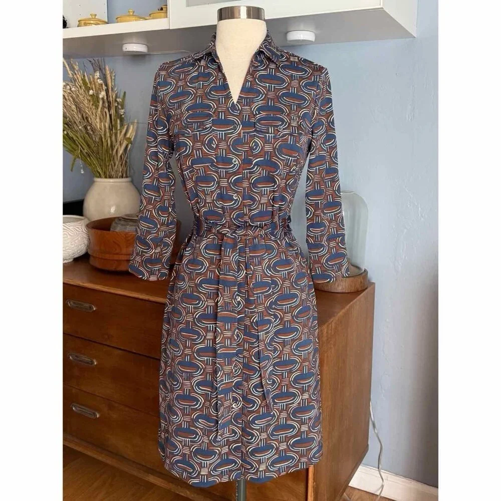 J. McLaughlin Brynn Dress Belted Shirtdress Catalina Cloth Navy Brown XS - Picture 3 of 9